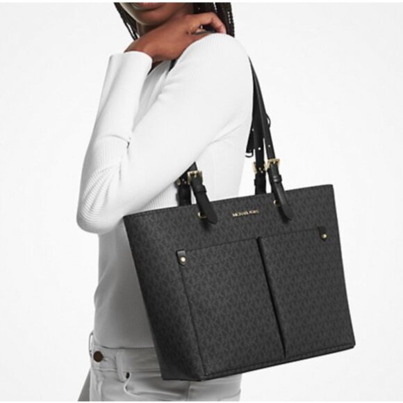 New Michael Kors Jet Set Travel Medium Double Pocket Logo Tote Black - Picture 1 of 5